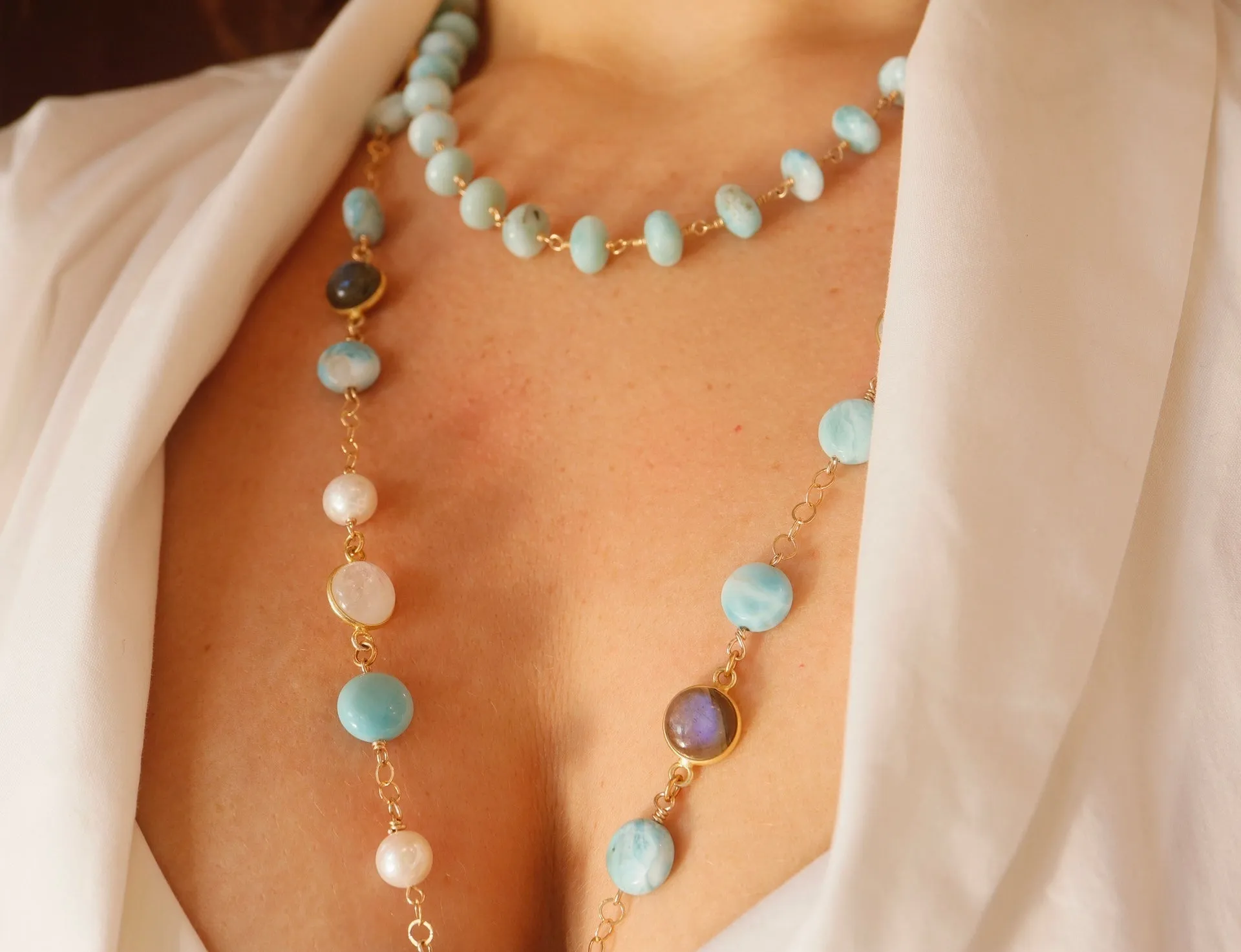 Larimar & Mixed Stone Bezel Opera Necklace