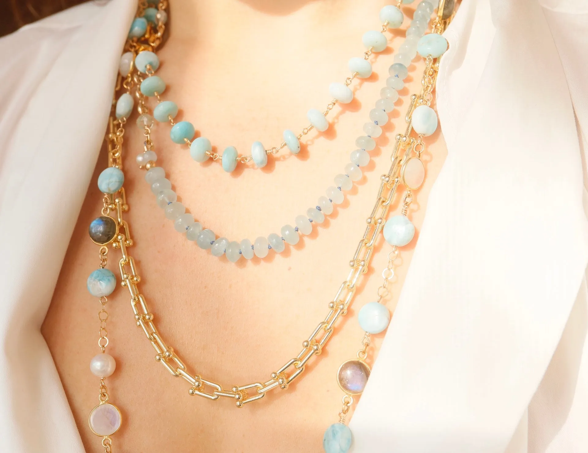 Larimar & Mixed Stone Bezel Opera Necklace