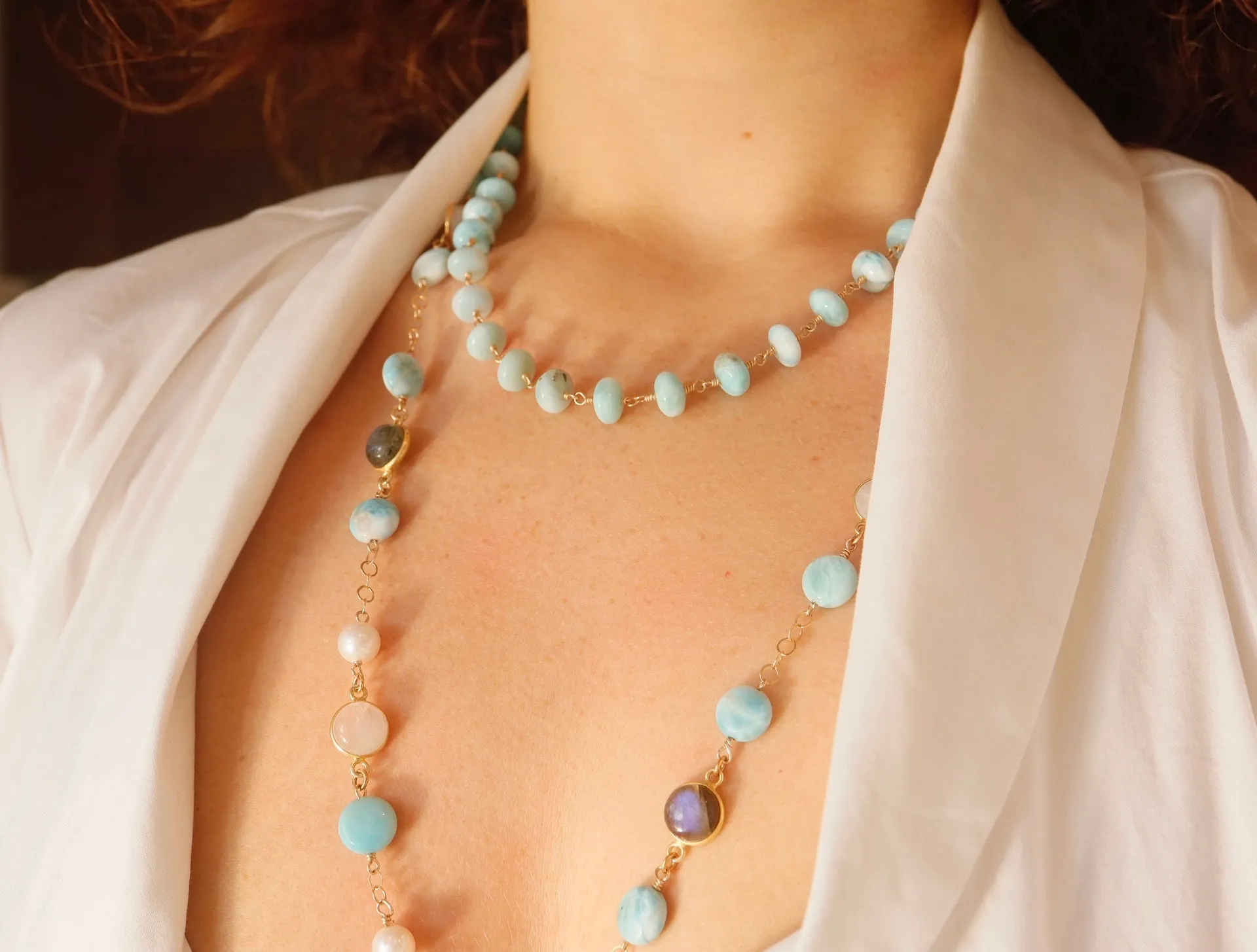 Larimar & Mixed Stone Bezel Opera Necklace