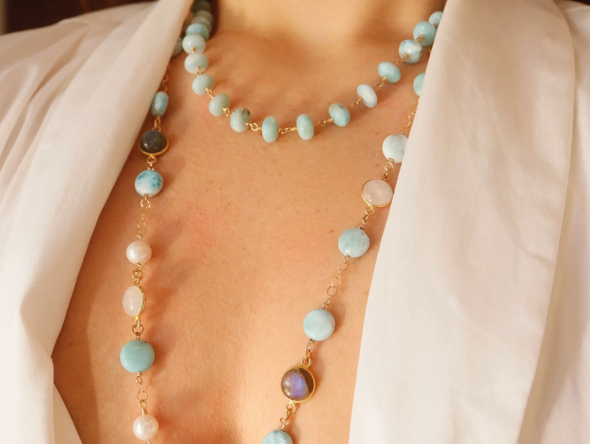 Larimar & Mixed Stone Bezel Opera Necklace