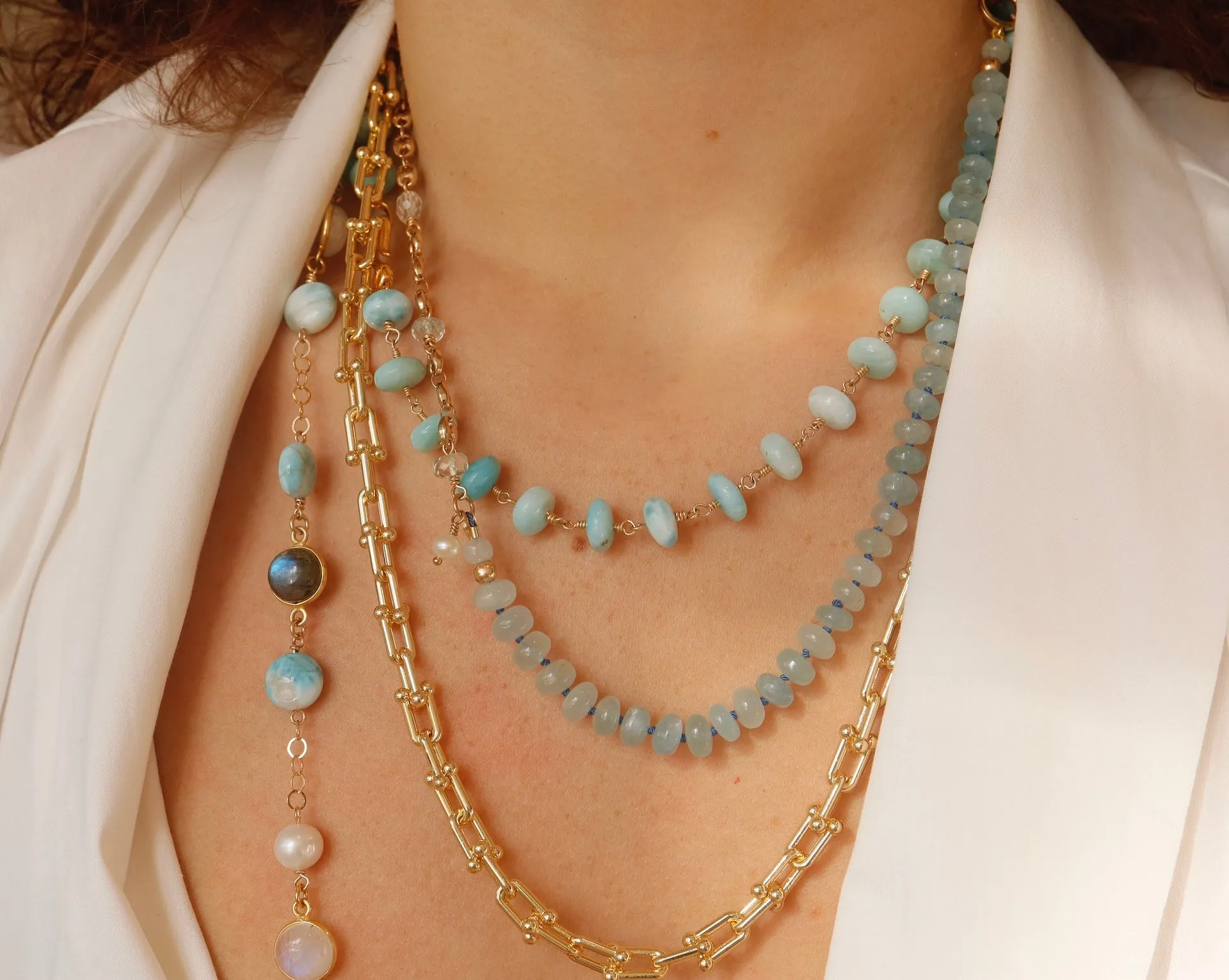 Larimar & Mixed Stone Bezel Opera Necklace