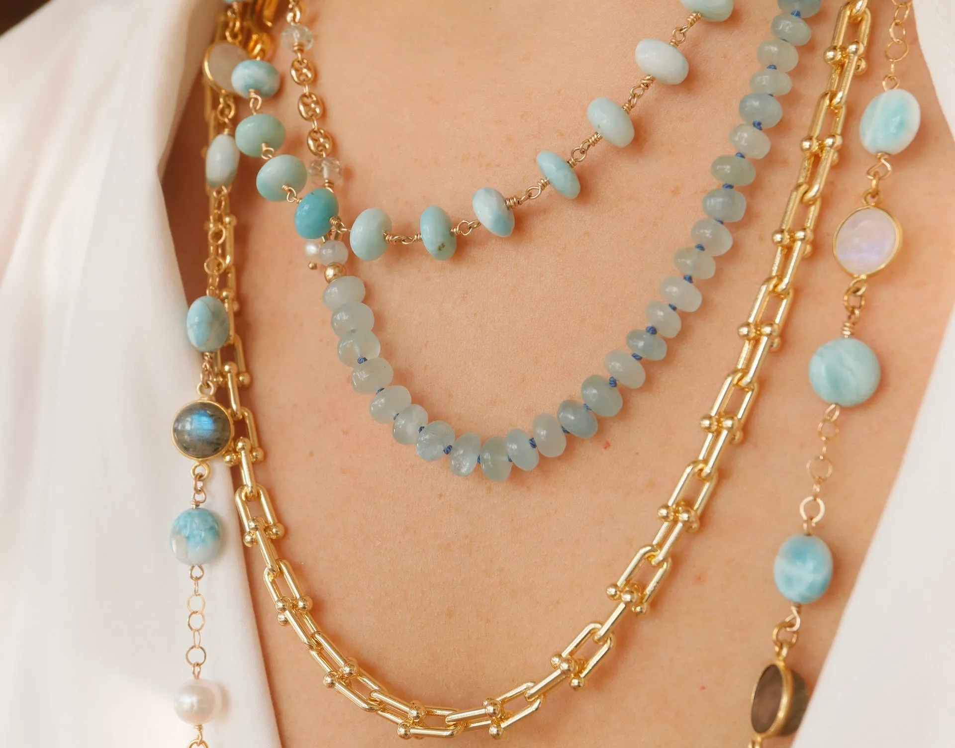 Larimar & Mixed Stone Bezel Opera Necklace