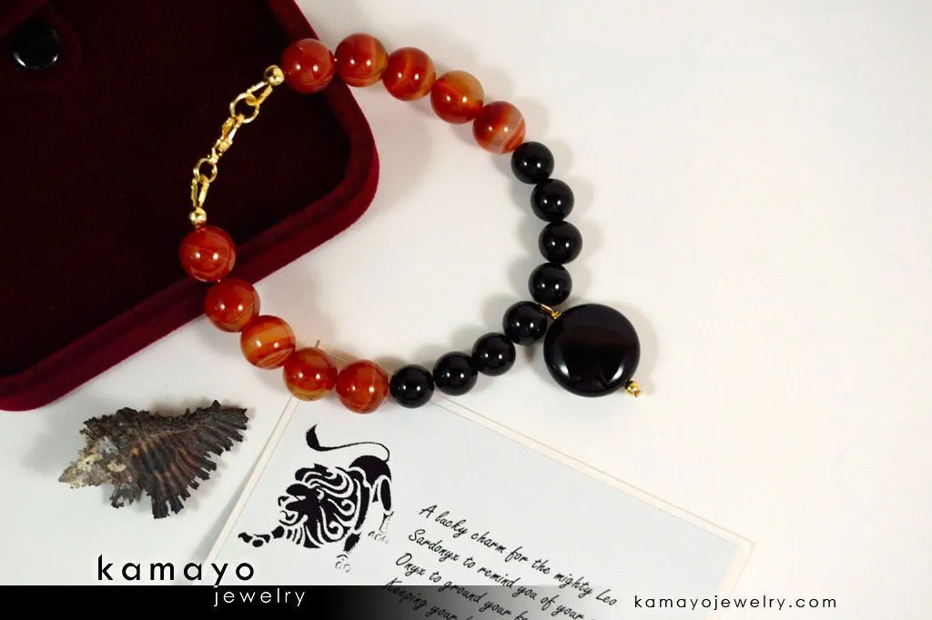 LEO BRACELET - Black Onyx Pendant and Sardonyx Beads