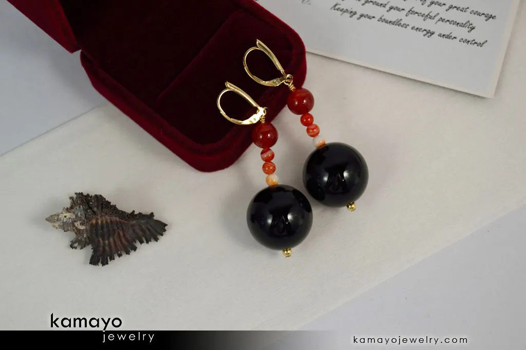 LEO EARRINGS - Large Black Onyx Ball and Small Sardonyx Beads - Beaded Dangle Ear Rings for Women - 14K Gold Filled Leverback