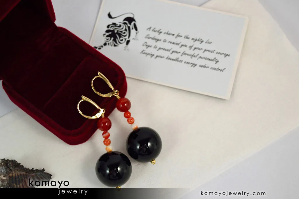 LEO EARRINGS - Large Black Onyx Ball and Small Sardonyx Beads - Beaded Dangle Ear Rings for Women - 14K Gold Filled Leverback