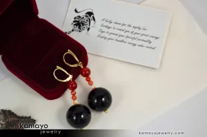 LEO EARRINGS - Large Black Onyx Ball and Small Sardonyx Beads - Beaded Dangle Ear Rings for Women - 14K Gold Filled Leverback