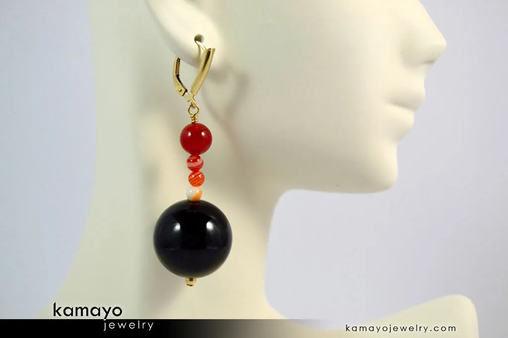 LEO EARRINGS - Large Black Onyx Ball and Small Sardonyx Beads - Beaded Dangle Ear Rings for Women - 14K Gold Filled Leverback