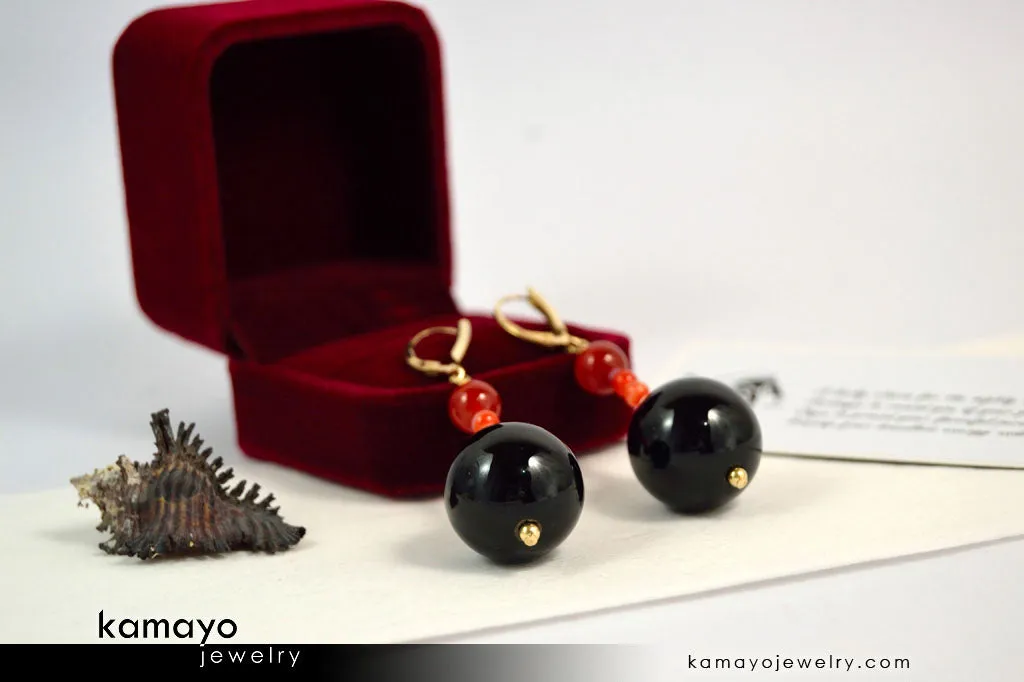 LEO EARRINGS - Large Black Onyx Ball and Small Sardonyx Beads - Beaded Dangle Ear Rings for Women - 14K Gold Filled Leverback