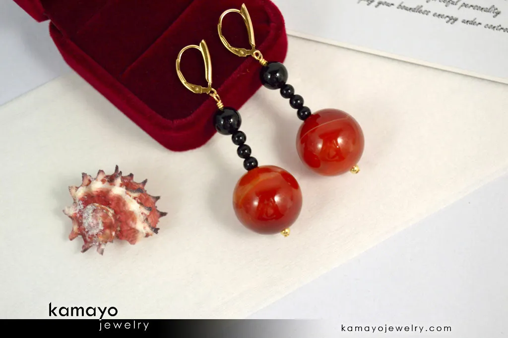 LEO EARRINGS - Large Sardonyx Ball and Small Black Onyx Beads - Beaded Dangle Ear Rings for Women - 14K Gold Filled Leverback