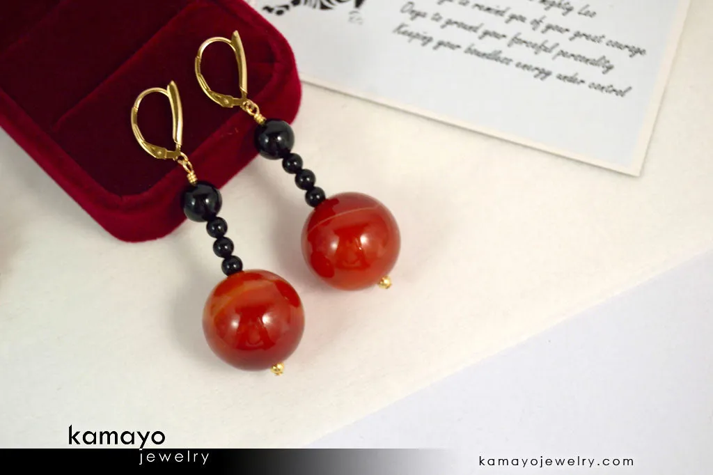 LEO EARRINGS - Large Sardonyx Ball and Small Black Onyx Beads - Beaded Dangle Ear Rings for Women - 14K Gold Filled Leverback