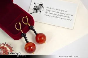 LEO EARRINGS - Large Sardonyx Ball and Small Black Onyx Beads - Beaded Dangle Ear Rings for Women - 14K Gold Filled Leverback