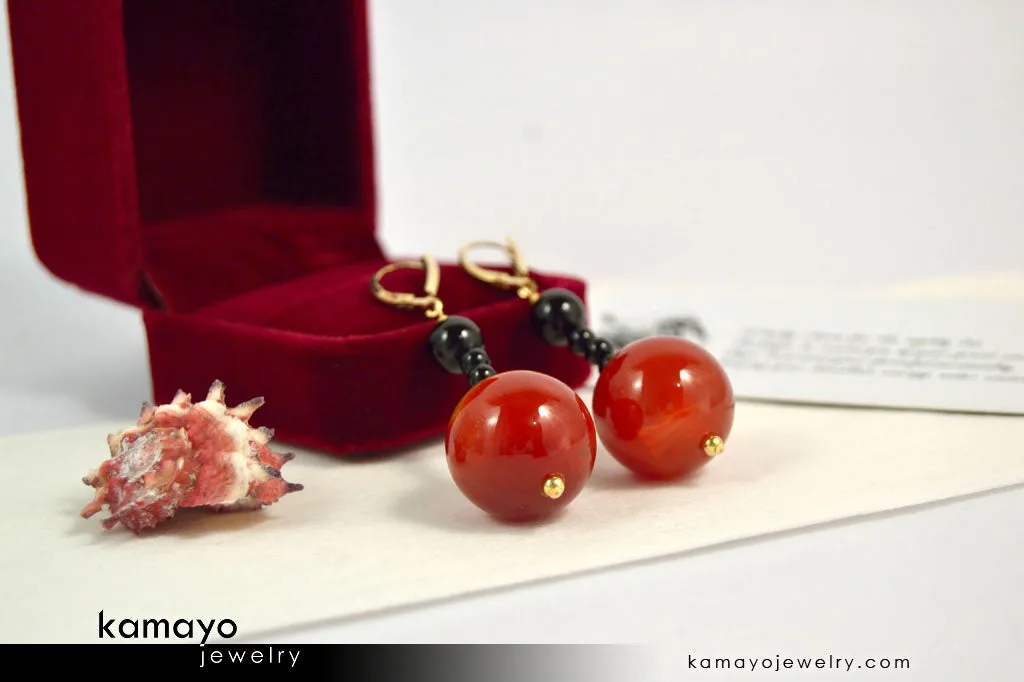 LEO EARRINGS - Large Sardonyx Ball and Small Black Onyx Beads - Beaded Dangle Ear Rings for Women - 14K Gold Filled Leverback