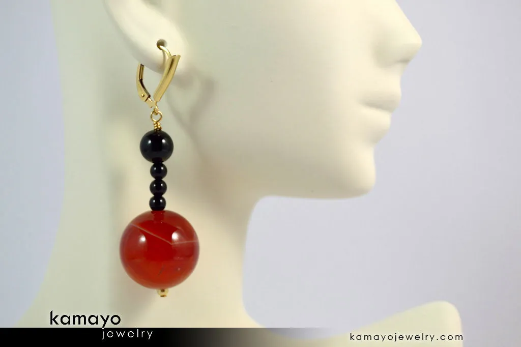 LEO EARRINGS - Large Sardonyx Ball and Small Black Onyx Beads - Beaded Dangle Ear Rings for Women - 14K Gold Filled Leverback
