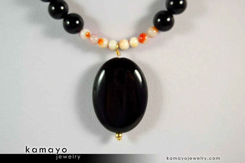 LEO NECKLACE - Black Onyx Pendant and Sardonyx Beads