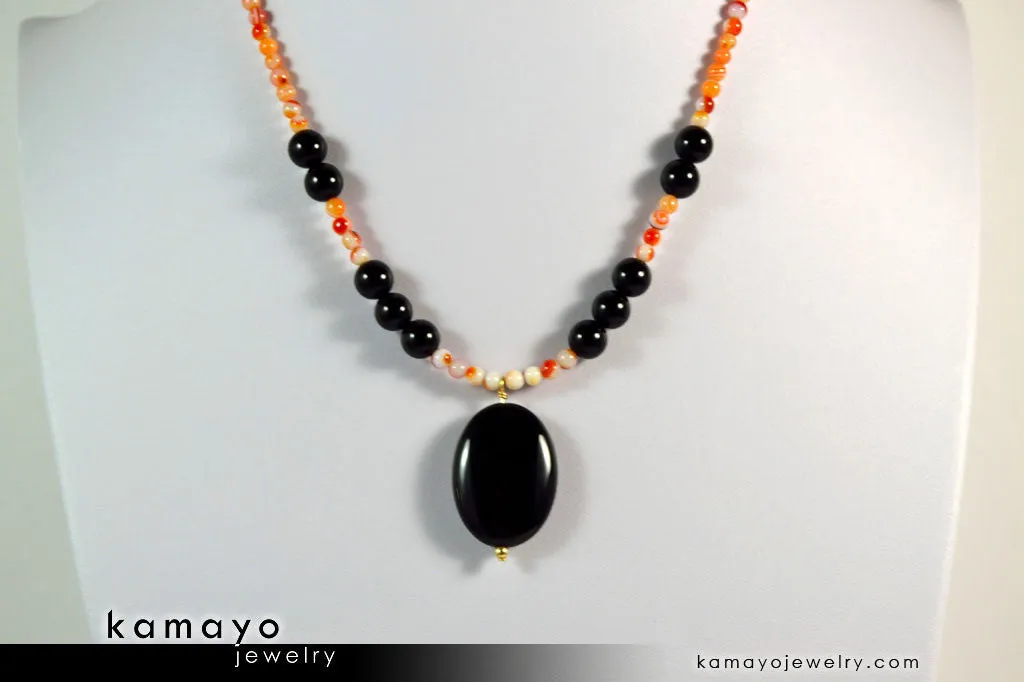LEO NECKLACE - Black Onyx Pendant and Sardonyx Beads