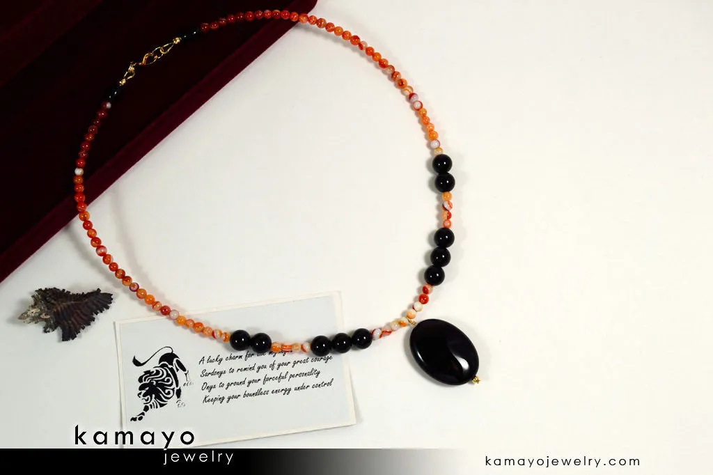 LEO NECKLACE - Black Onyx Pendant and Sardonyx Beads