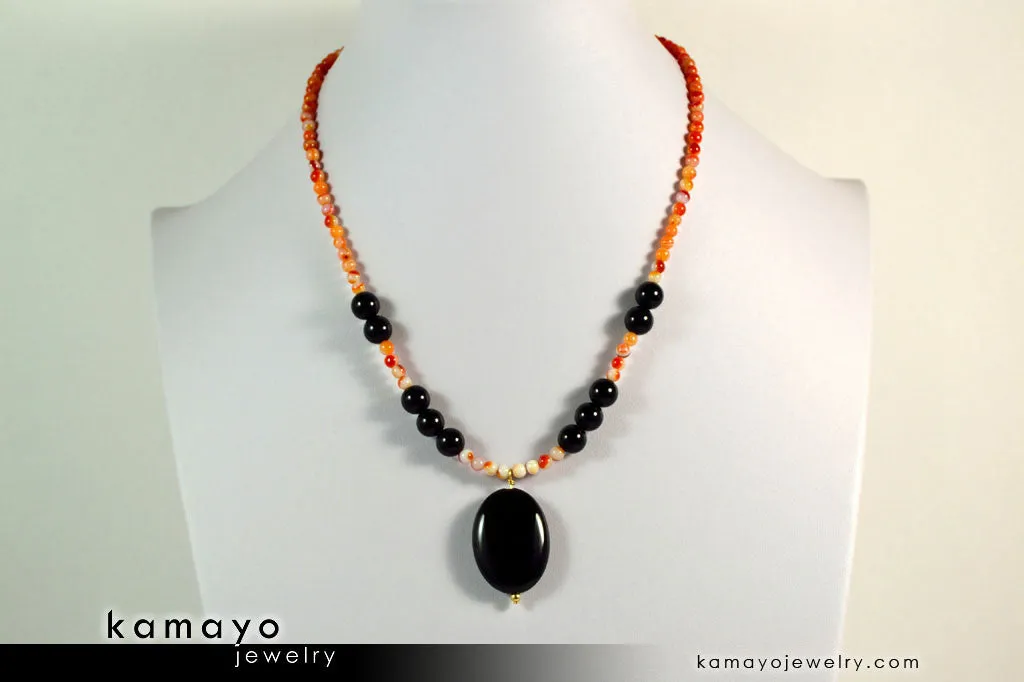 LEO NECKLACE - Black Onyx Pendant and Sardonyx Beads