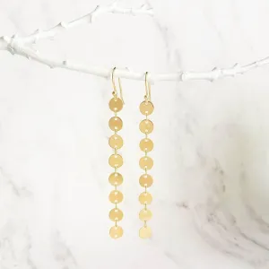 Long Gold Earrings, connected circle earring, gold disk earring, gold tag earring, circle strand earring, 14K gold fill hook option, small
