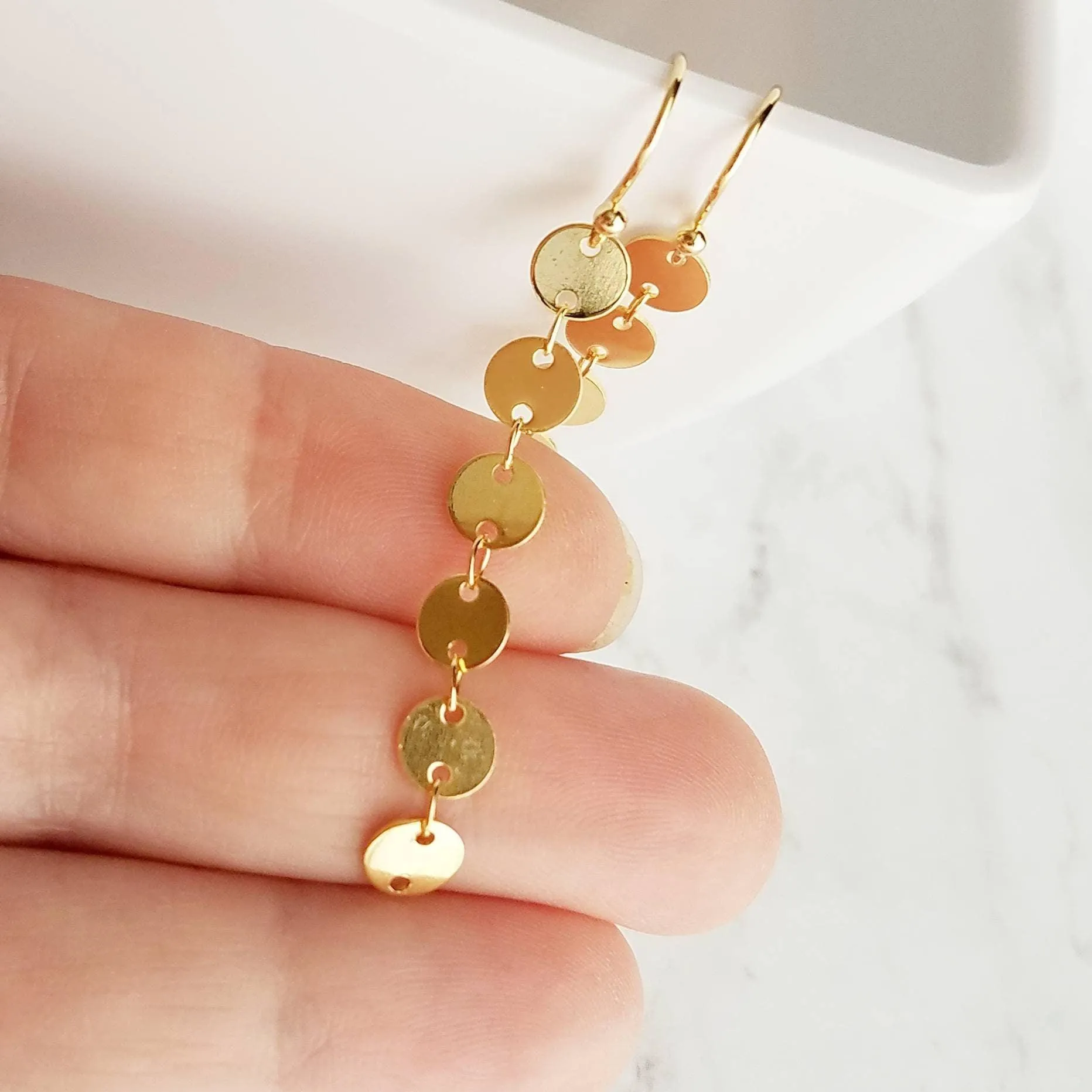 Long Gold Earrings, connected circle earring, gold disk earring, gold tag earring, circle strand earring, 14K gold fill hook option, small