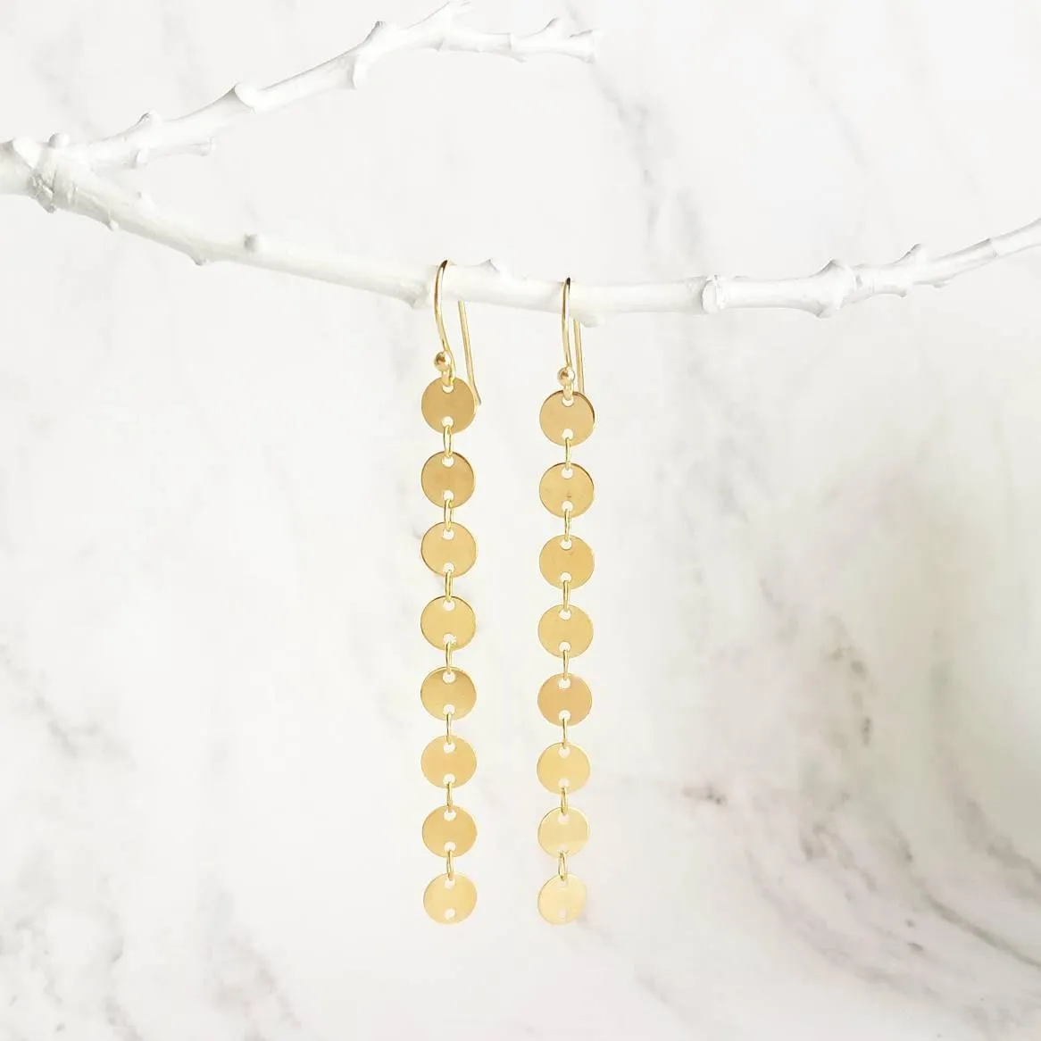 Long Gold Earrings, connected circle earring, gold disk earring, gold tag earring, circle strand earring, 14K gold fill hook option, small