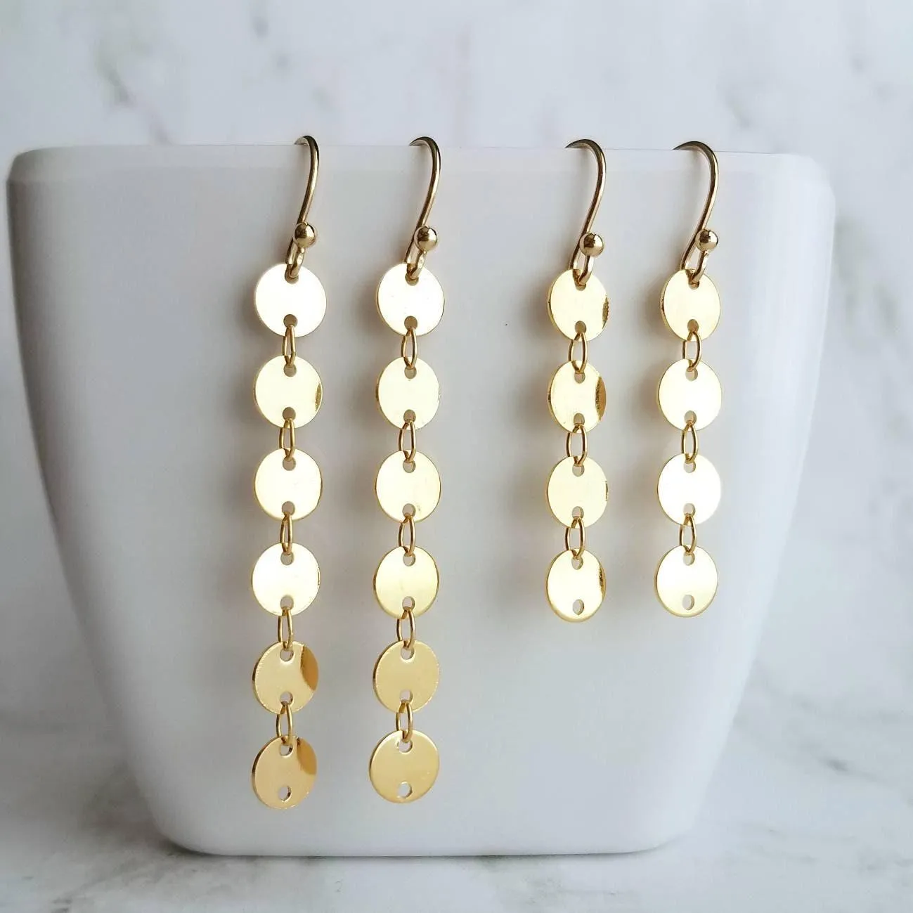 Long Gold Earrings, connected circle earring, gold disk earring, gold tag earring, circle strand earring, 14K gold fill hook option, small