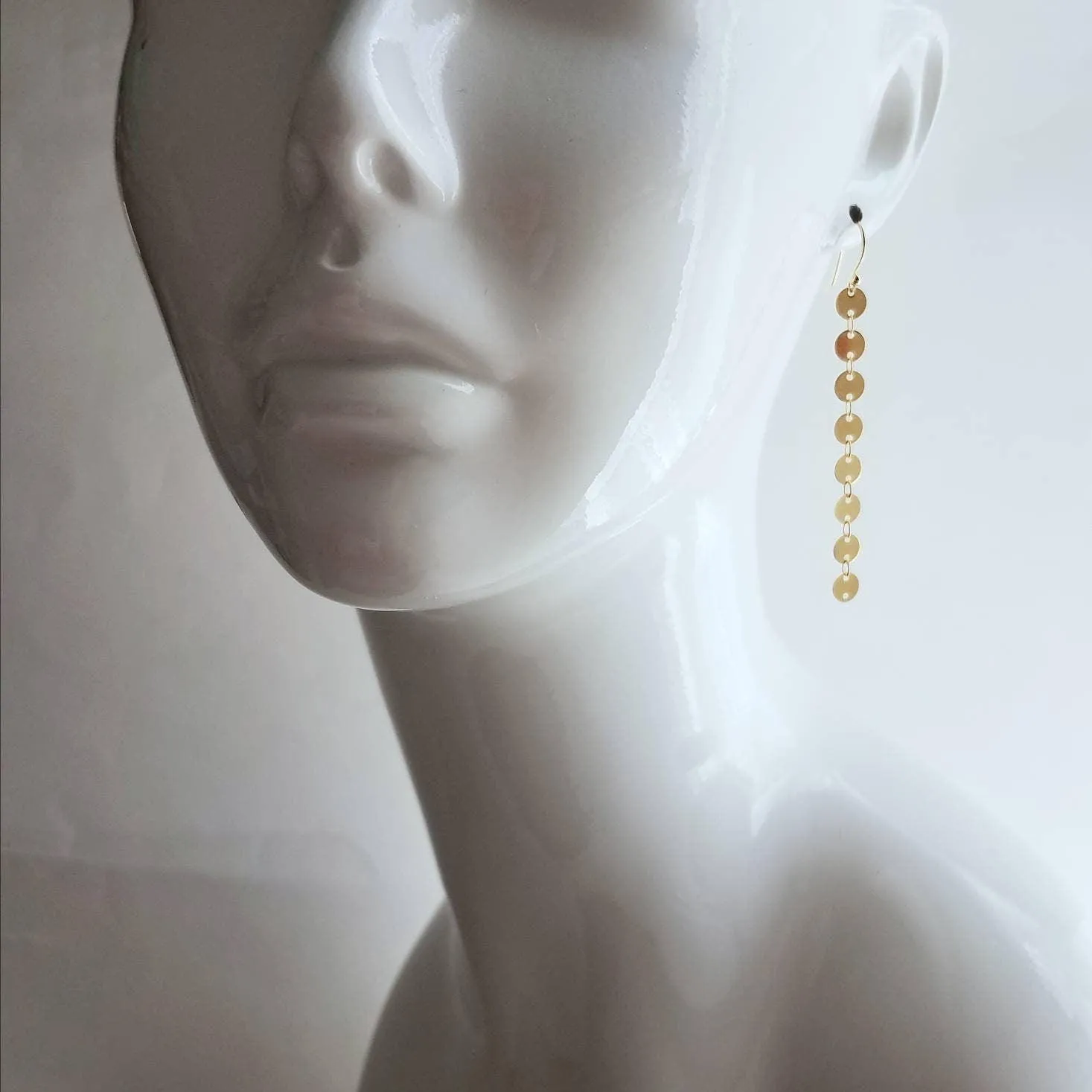 Long Gold Earrings, connected circle earring, gold disk earring, gold tag earring, circle strand earring, 14K gold fill hook option, small
