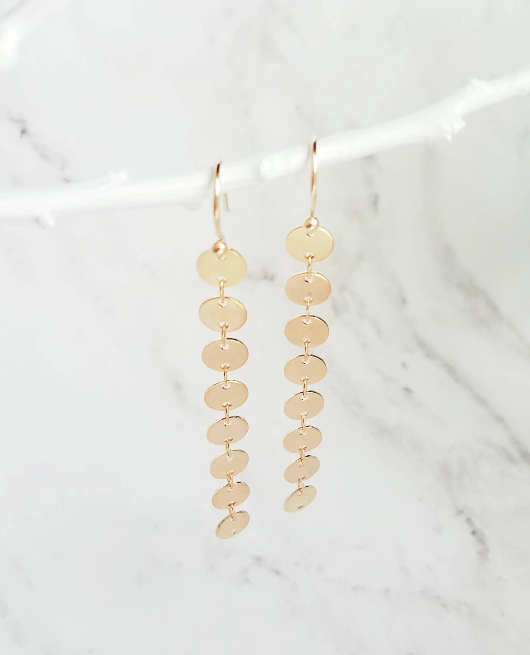 Long Gold Earrings, connected circle earring, gold disk earring, gold tag earring, circle strand earring, 14K gold fill hook option, small