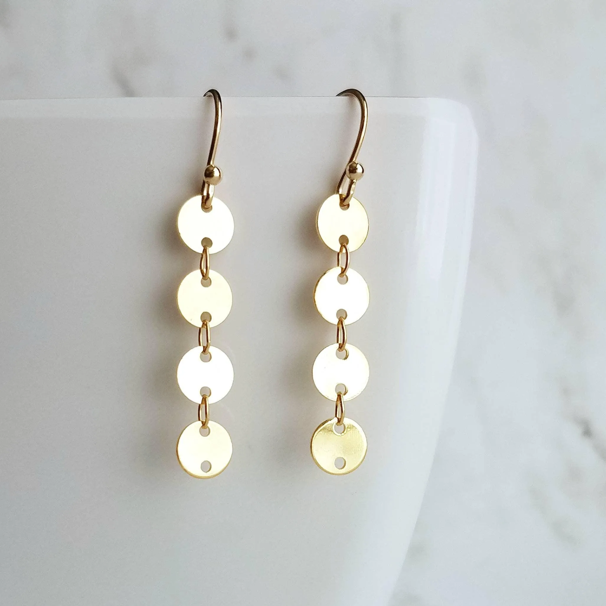 Long Gold Earrings, connected circle earring, gold disk earring, gold tag earring, circle strand earring, 14K gold fill hook option, small