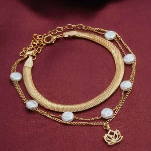 Lotus Charm Pearl Stone Layered Anklet Set of 2
