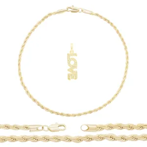 Love 3 Pendant 14K Anklet Gold Filled Cubic Zirconia Charm Rope Chain Set 10" Women Jewelry