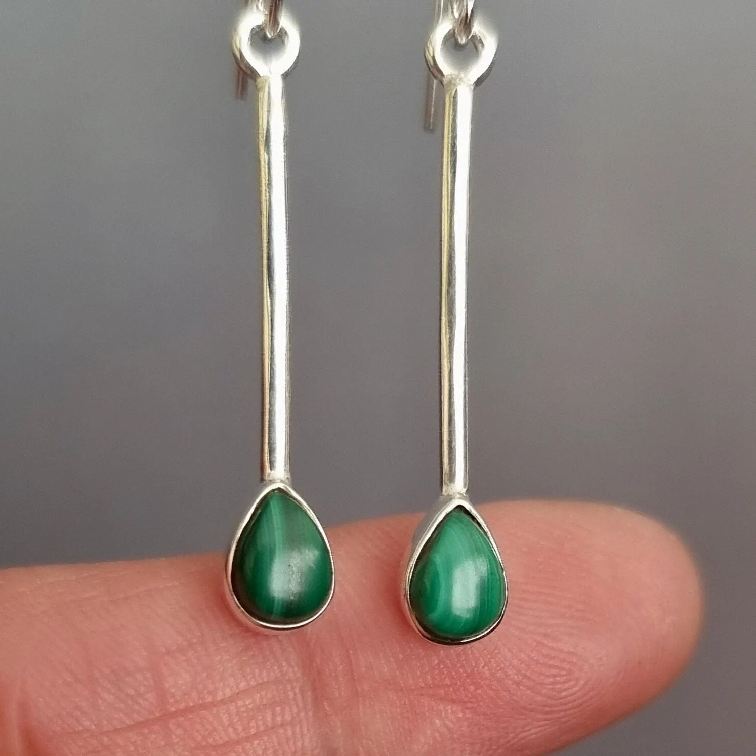 Malachite Teardrop Long 925 Silver Earrings, E15MAL
