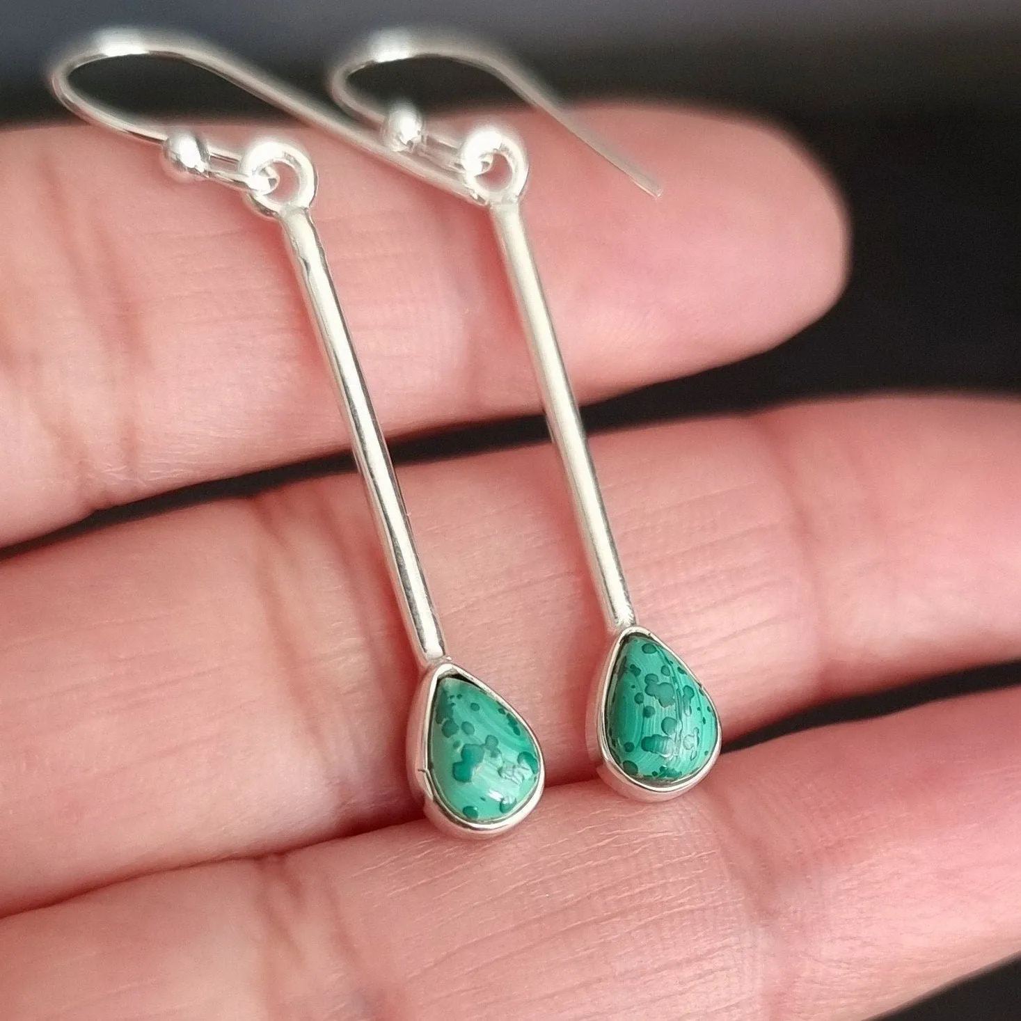 Malachite Teardrop Long 925 Silver Earrings, E15MAL