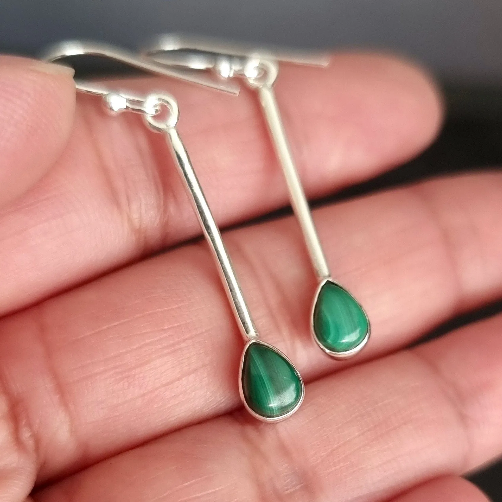 Malachite Teardrop Long 925 Silver Earrings, E15MAL