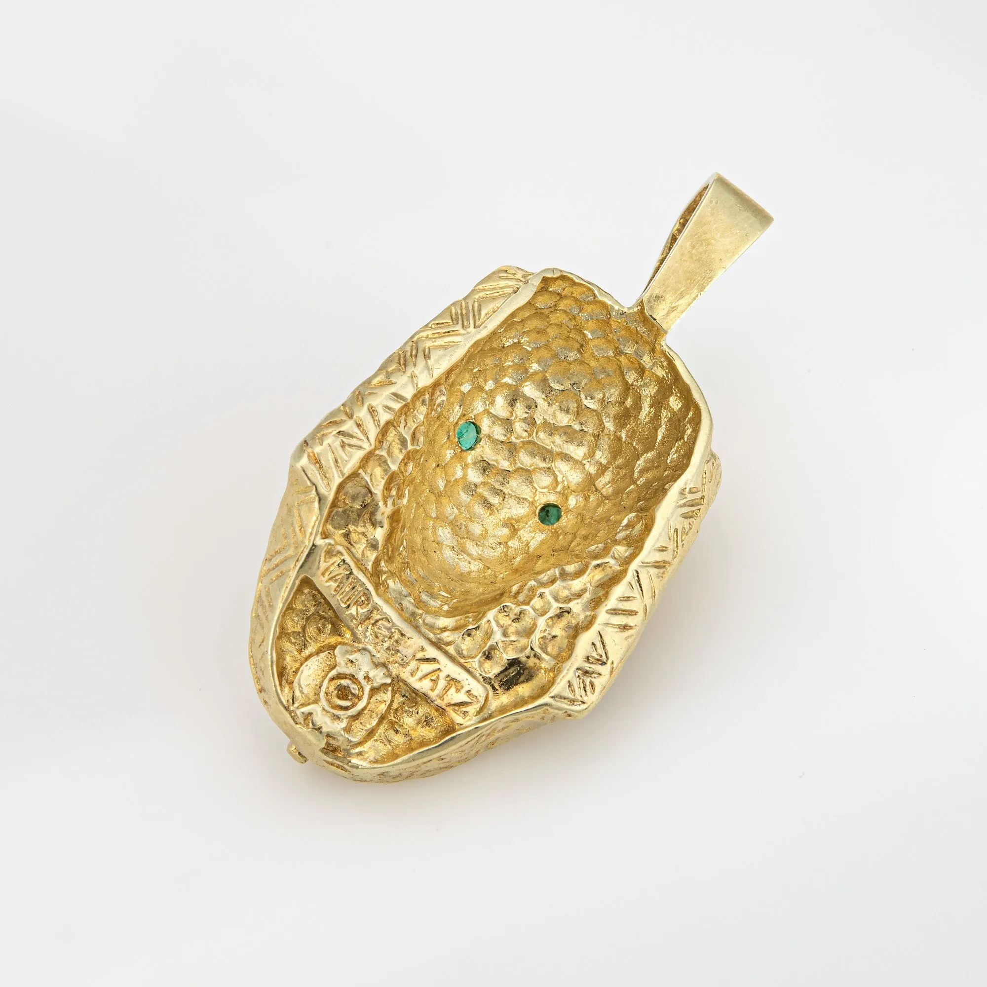 Maurice Katz Pendant Egyptian Pharaoh 14k Yellow Gold Emerald Eyes Jewelry