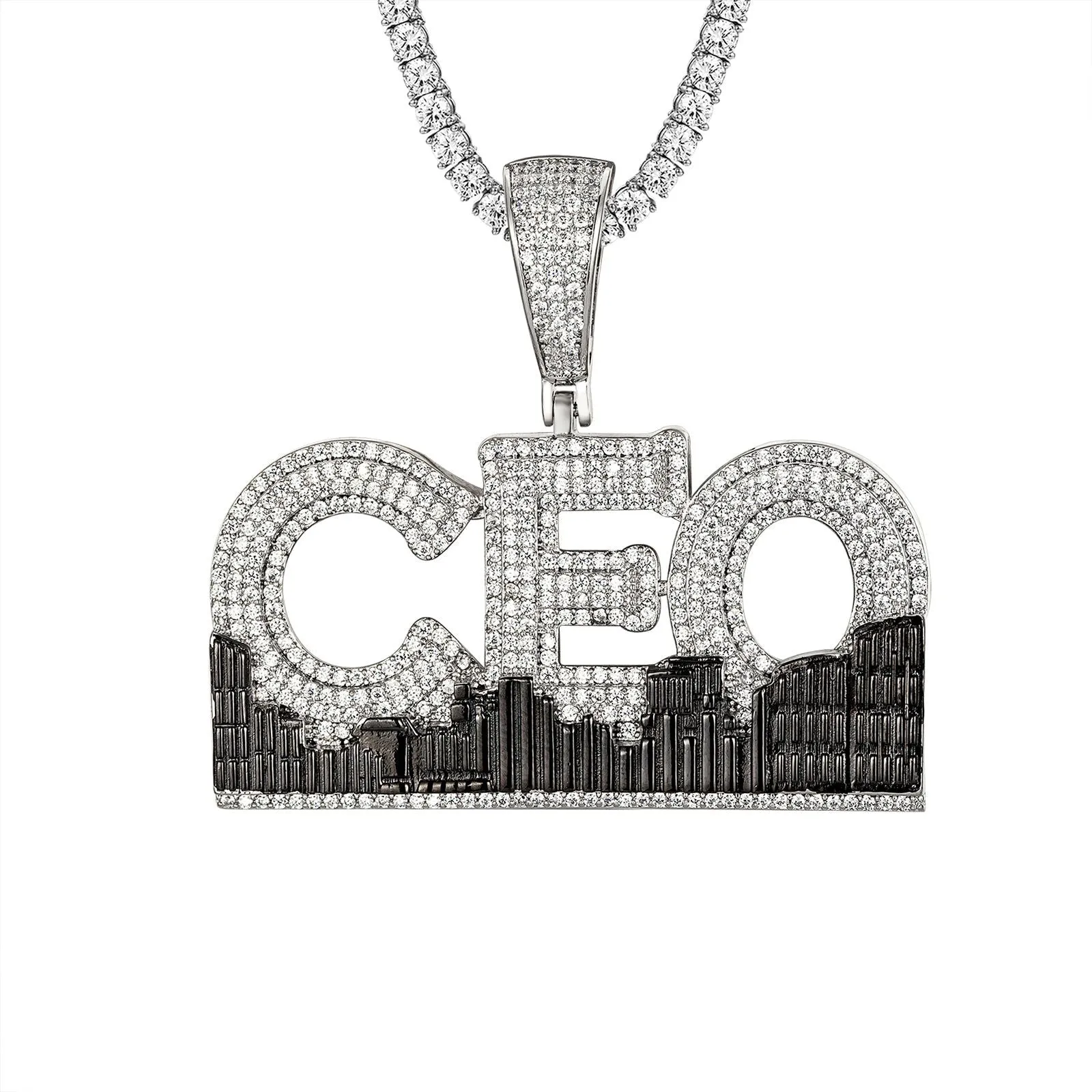 Men's Custom City CEO 14K White Gold Tone Icy Pendant