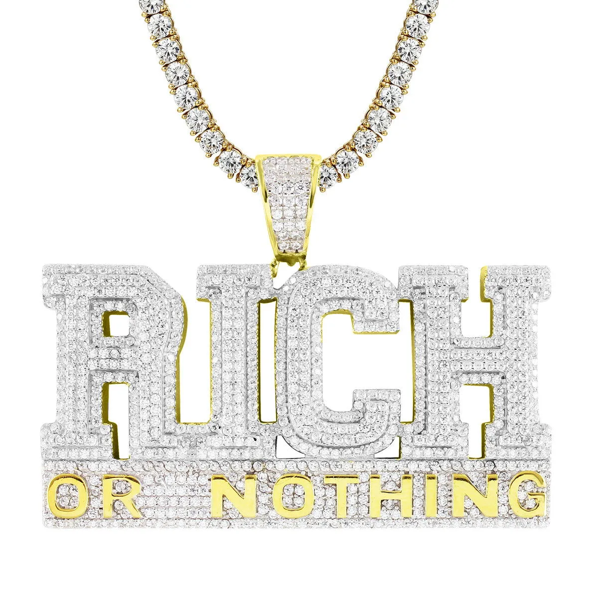 Mens Icy Double Layer Rich Or Nothing Hustler Gold Tone Charm