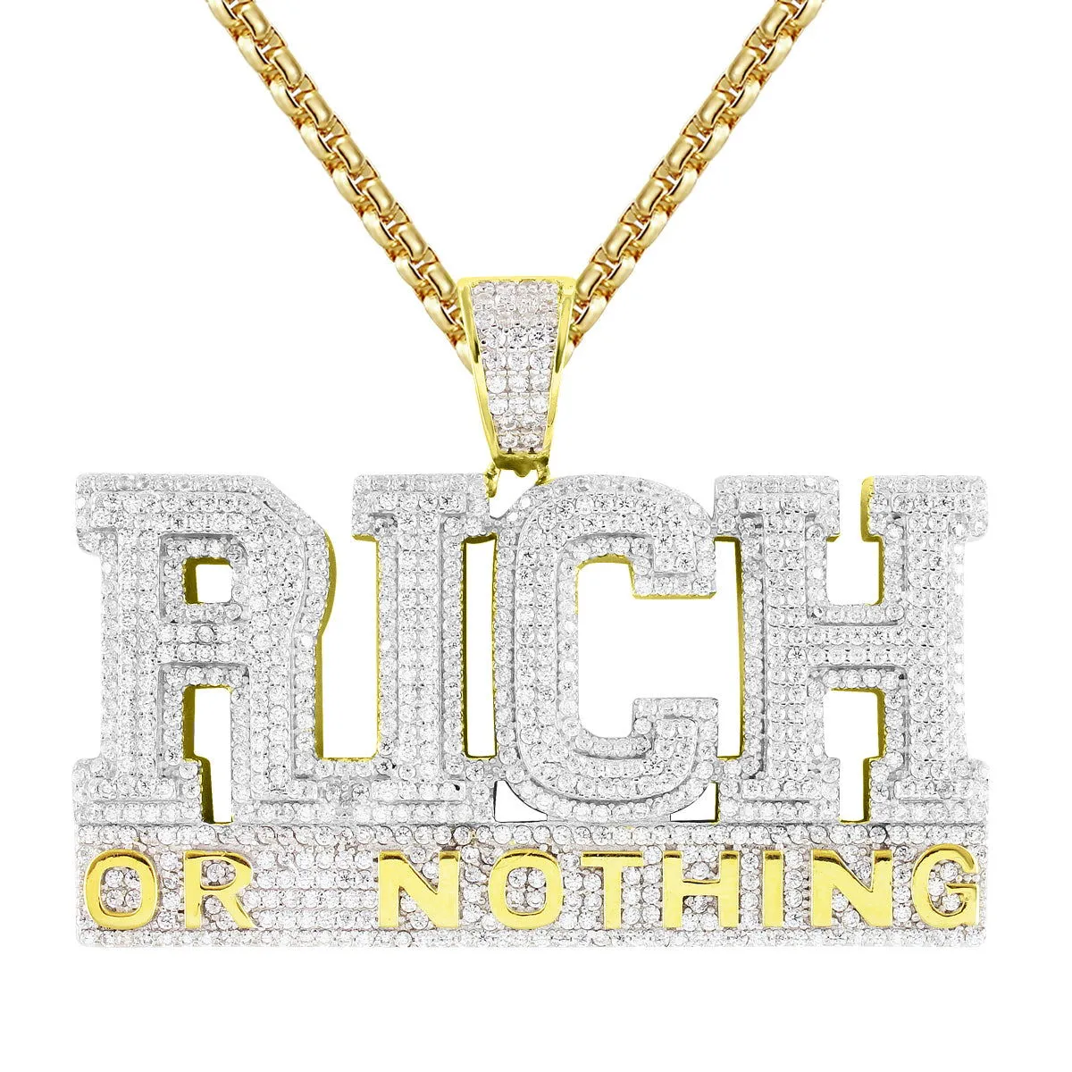 Mens Icy Double Layer Rich Or Nothing Hustler Gold Tone Charm