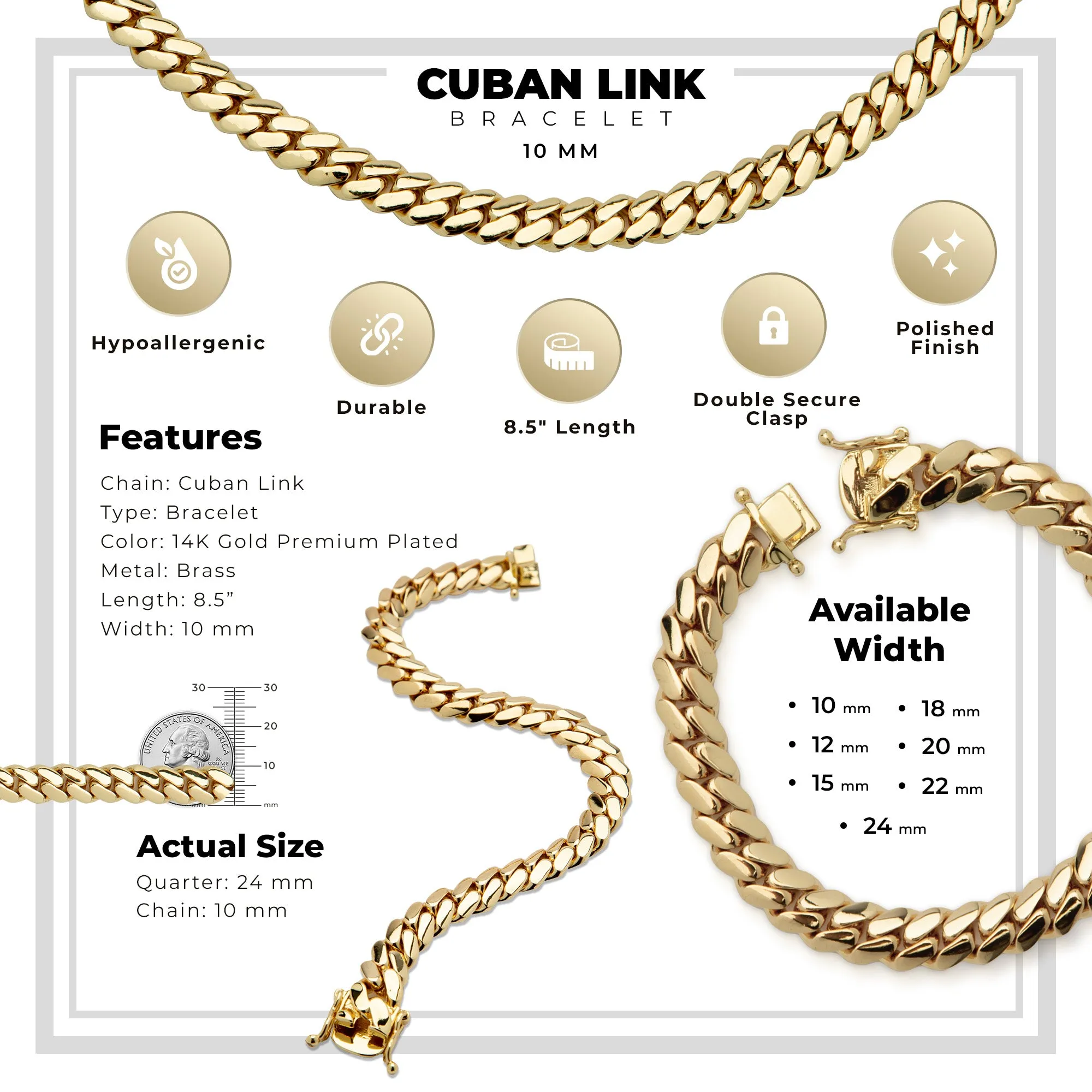 Miami Cuban Link Chain Bracelet 14K Gold Premium Plated 10-24mm Men Jewelry 8.5 inch