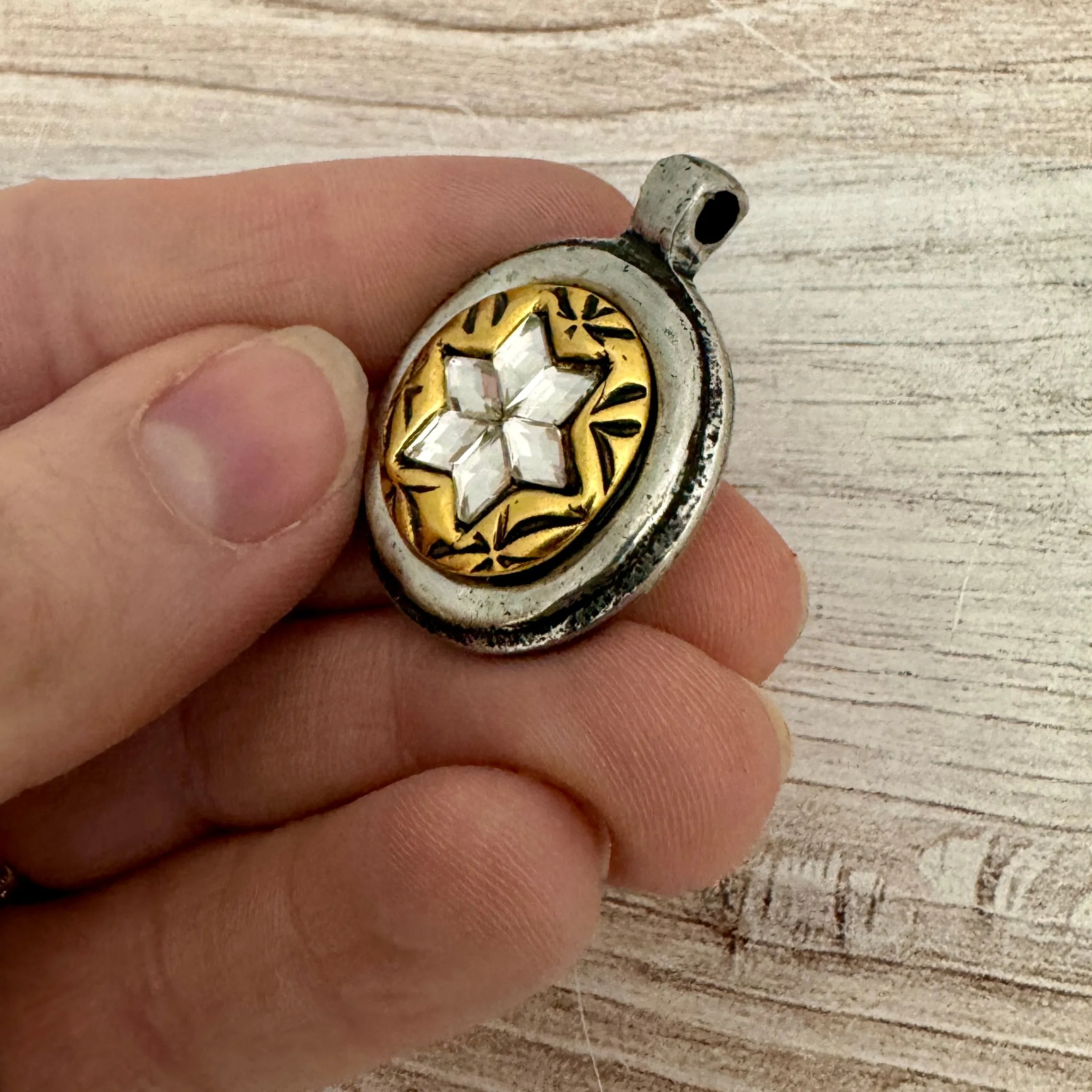 Mixed Metal Rhinestone Star Pendant, Gold and Silver Circle with Crystals, Jewelry Making Supplies, PW-6287