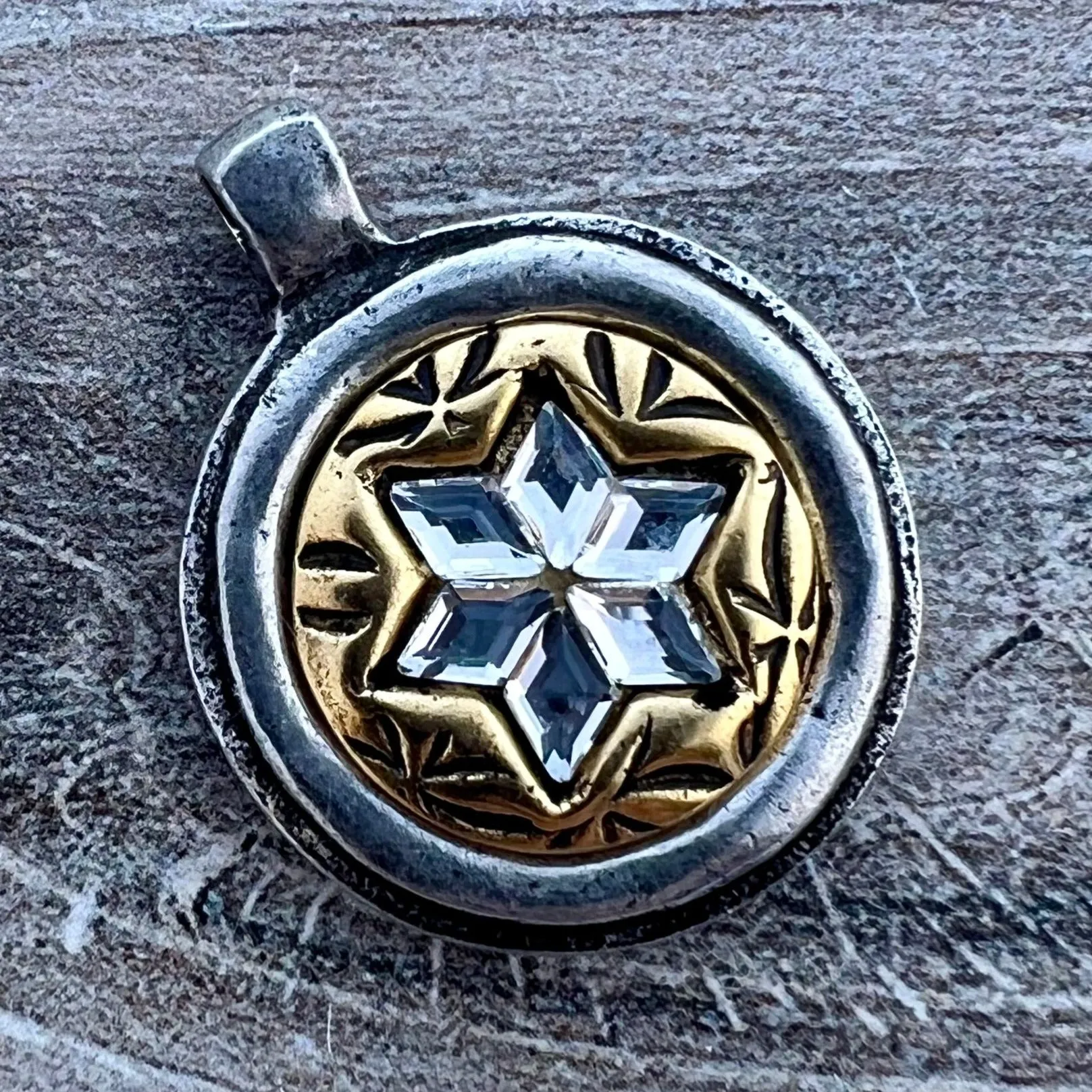 Mixed Metal Rhinestone Star Pendant, Gold and Silver Circle with Crystals, Jewelry Making Supplies, PW-6287