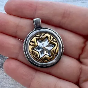 Mixed Metal Rhinestone Star Pendant, Gold and Silver Circle with Crystals, Jewelry Making Supplies, PW-6287