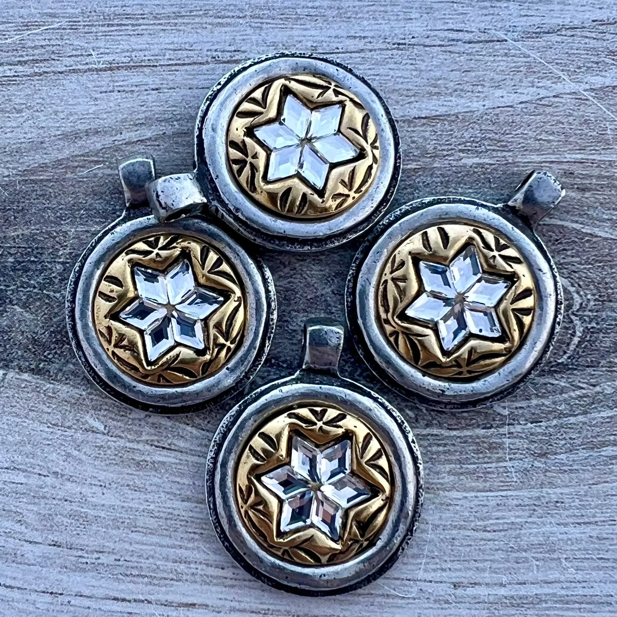 Mixed Metal Rhinestone Star Pendant, Gold and Silver Circle with Crystals, Jewelry Making Supplies, PW-6287