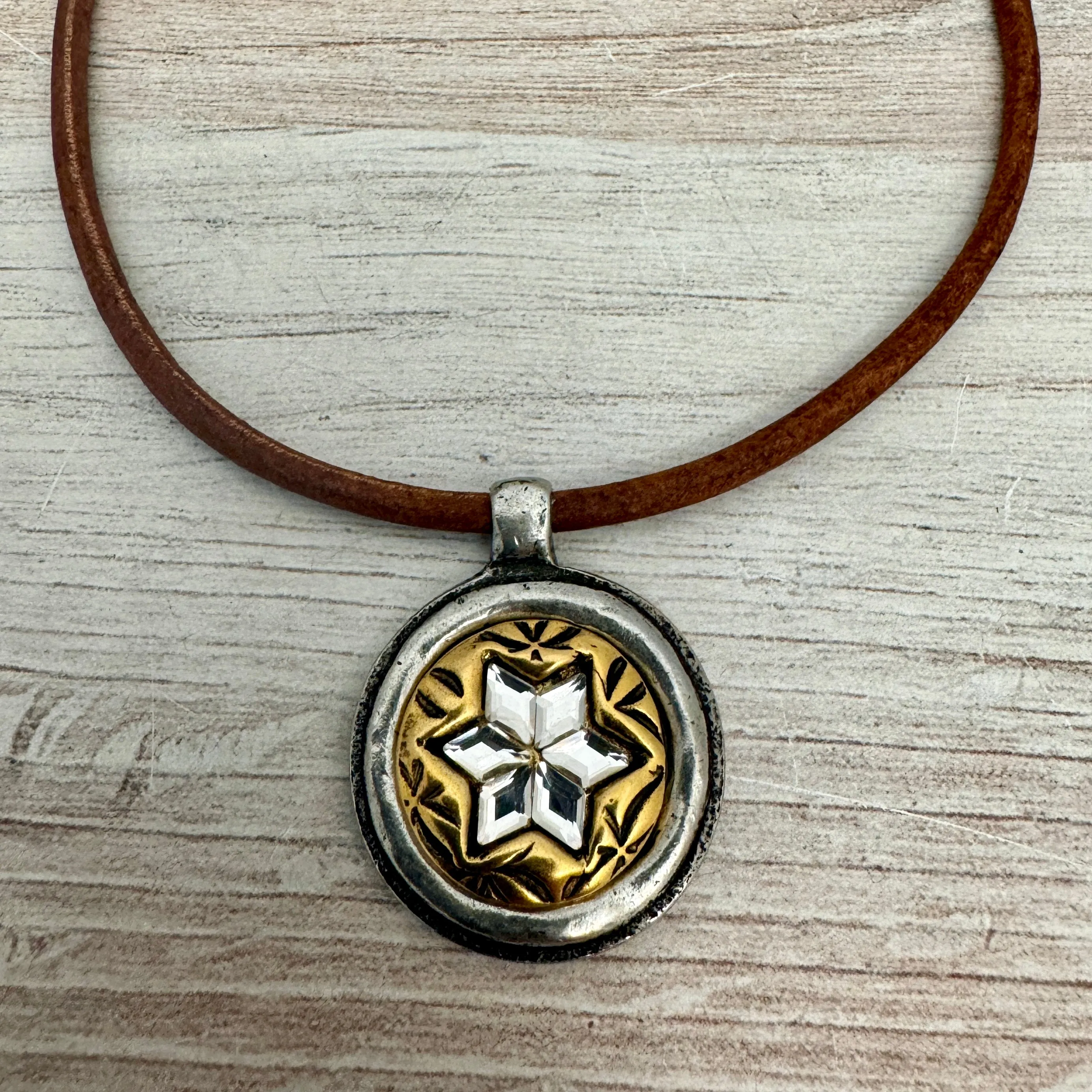 Mixed Metal Rhinestone Star Pendant, Gold and Silver Circle with Crystals, Jewelry Making Supplies, PW-6287