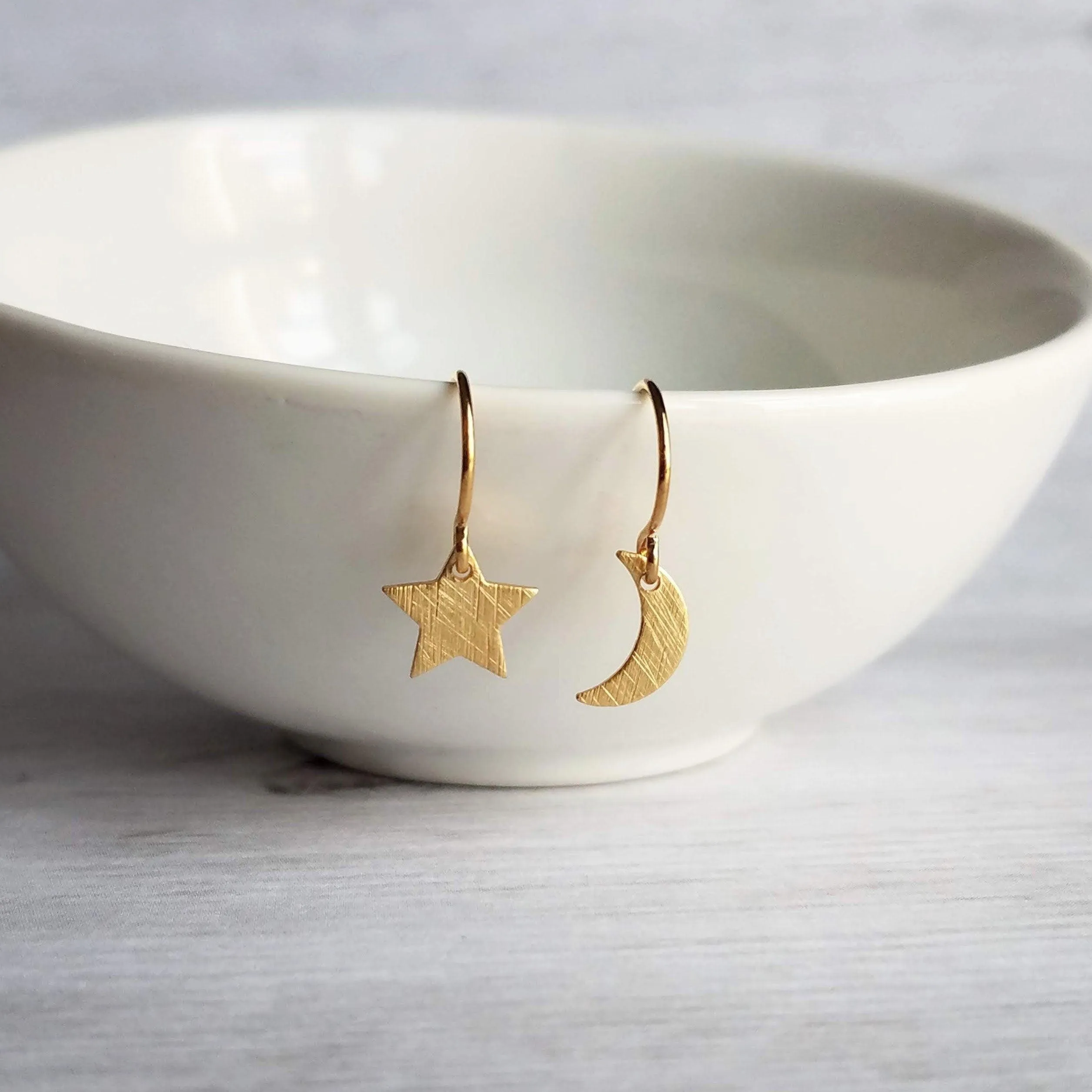 Moon & Star Earrings, gold crescent earring, gold moon earring, gold star earring, night sky earring, small gold earring, celestial earring