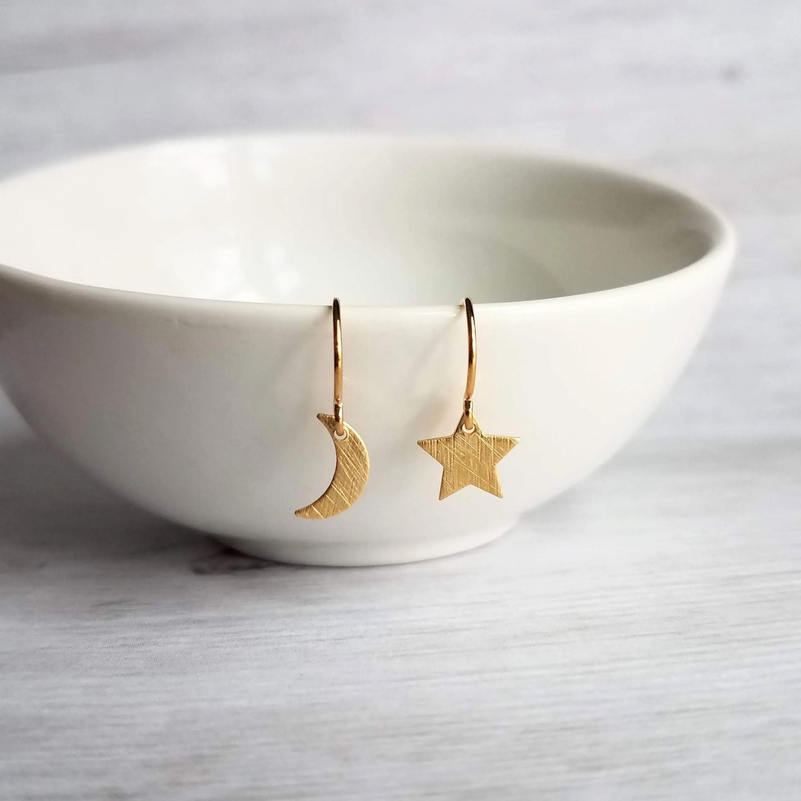 Moon & Star Earrings, gold crescent earring, gold moon earring, gold star earring, night sky earring, small gold earring, celestial earring