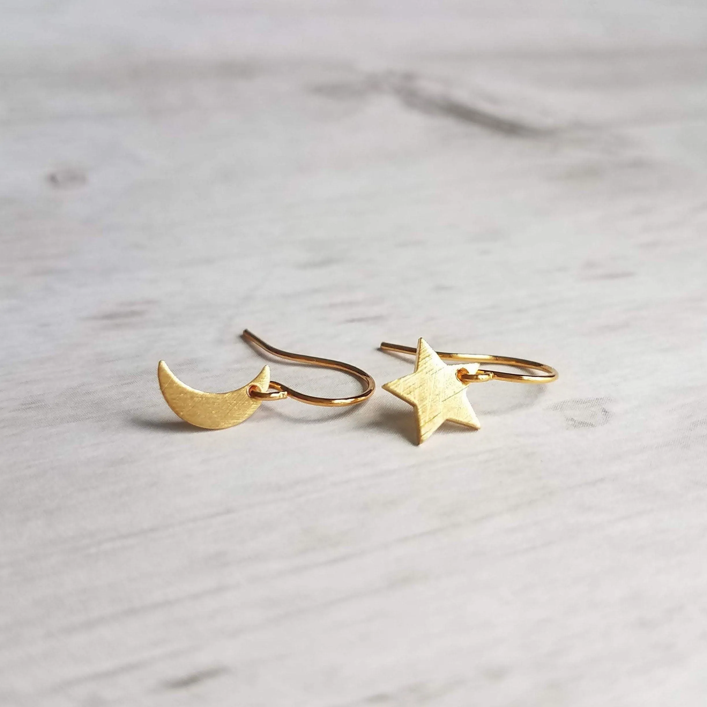 Moon & Star Earrings, gold crescent earring, gold moon earring, gold star earring, night sky earring, small gold earring, celestial earring