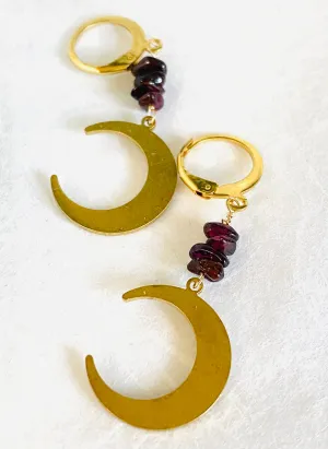 Moon Earrings/Brass Gemstone Moon Earrings/Golden Moon Earrings