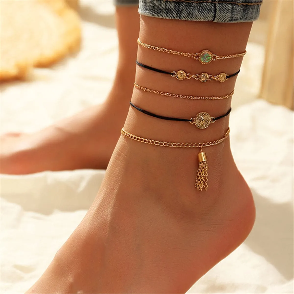 Moonstone & Vibre Tassel Anklet Set