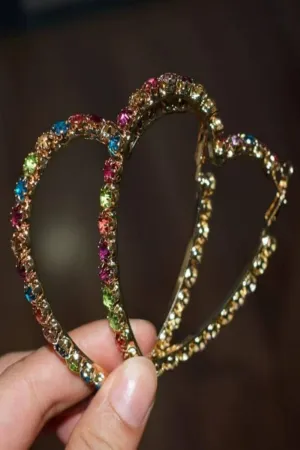 Multicolors Rhinestone Heart Shape Big Hoop Earrings
