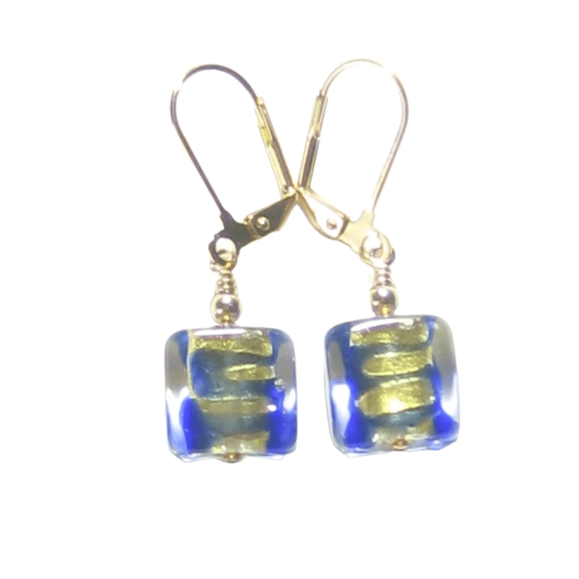 Murano Glass Blue Gold Striped Square Gold Earrings by JKC Murano
